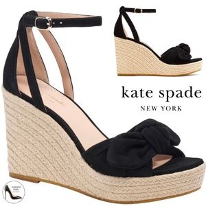 Kate Spade Tianna Espadrille Wedges Black Suede Leather Platform Sandal Pump 9.5